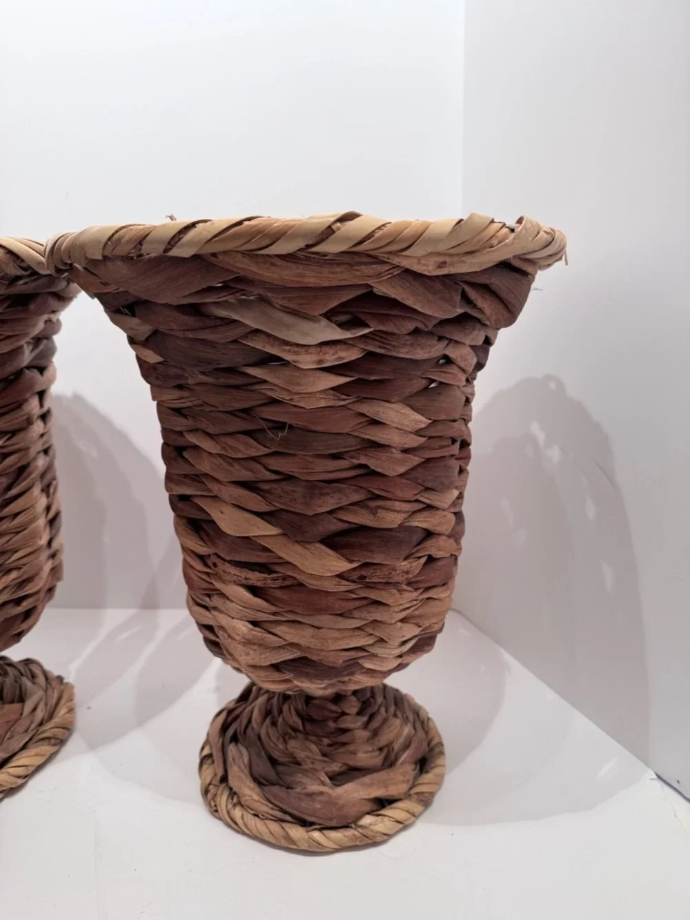 Vintage Pair Woven Wicker Urn Style Pedestal Vases